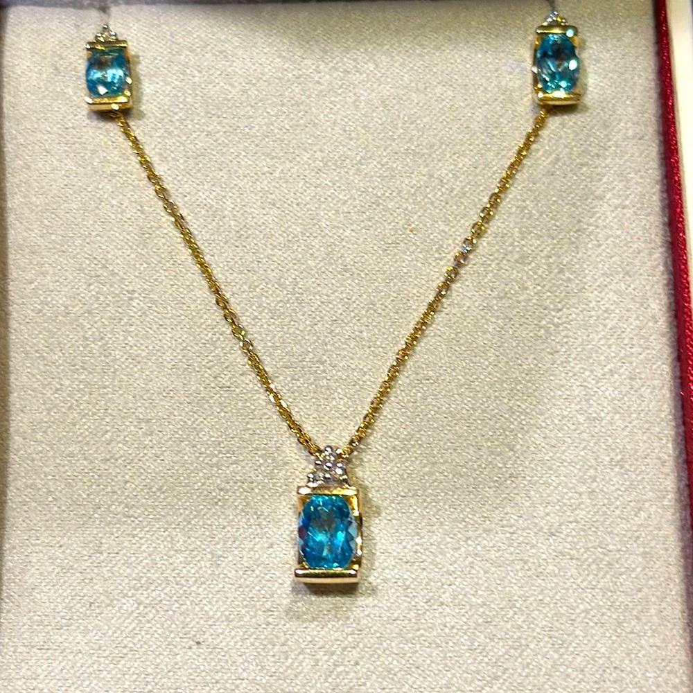 14K diamond and blue topaz earring and pendant set